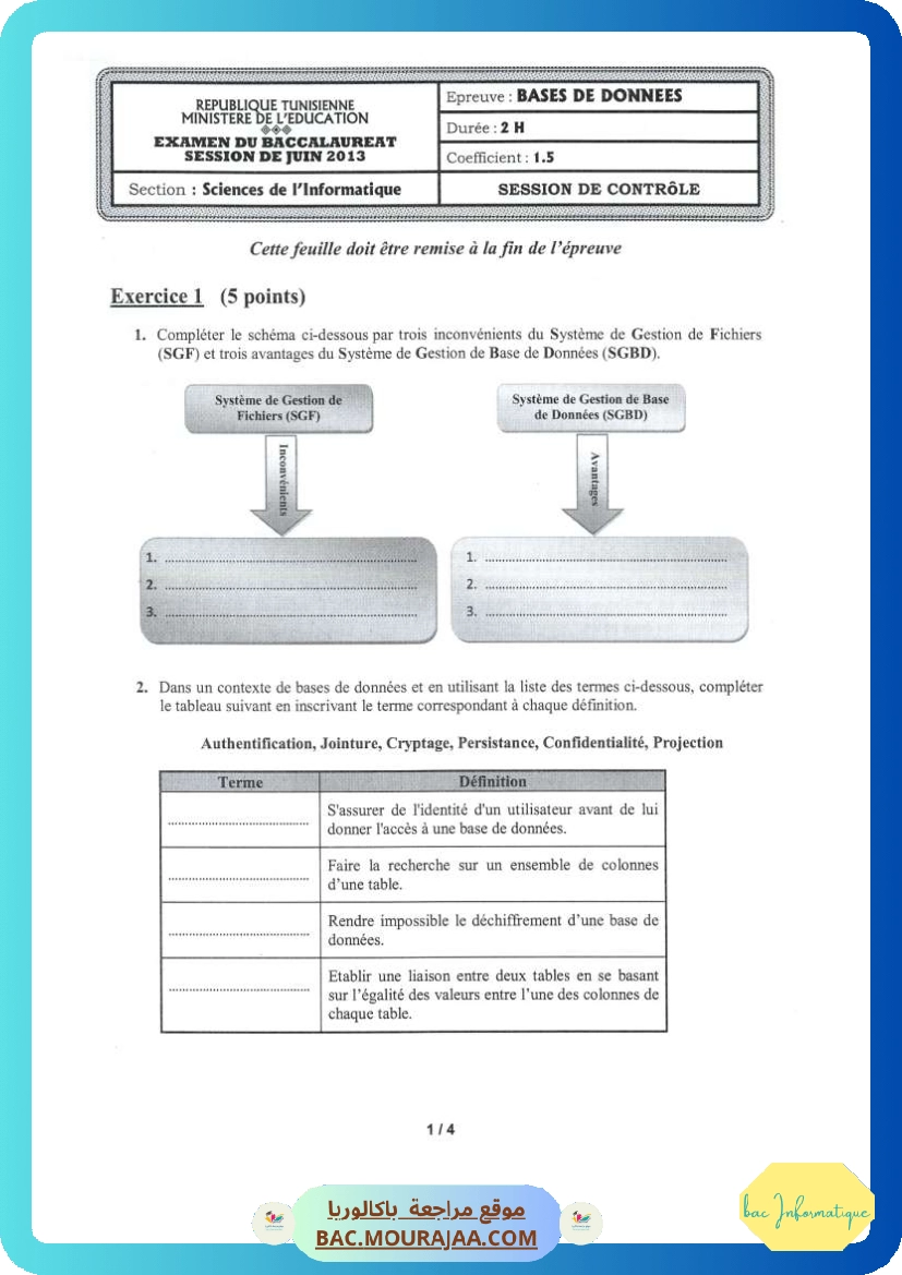 Sujet controle bd Bac 2013 – Section info